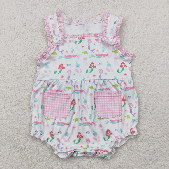 Mermaid Pink Plaid Pockets Girls Summer Romper