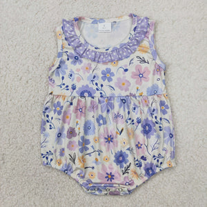 Floral Polka Dots Purple Ruffles Beige Girls Summer Romper