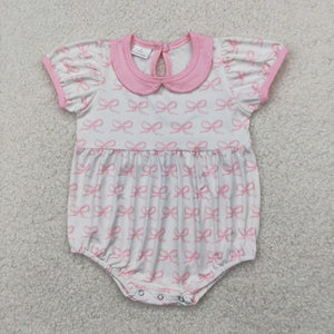 Bow Pattern Pink Collar Girls Summer Romper