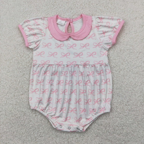 Bow Pattern Pink Collar Girls Summer Romper