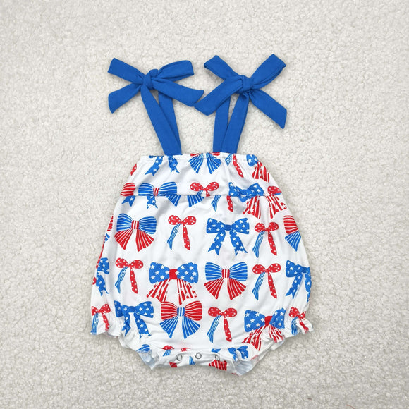 Bow Pattern Blue Ruffles White Girls 4th of July Romper