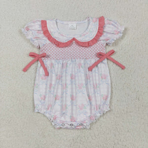 Floral Pink Plaid Bows Ruffles Girls Summer Romper