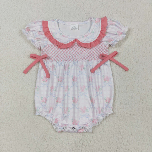 Floral Pink Plaid Bows Ruffles Girls Summer Romper