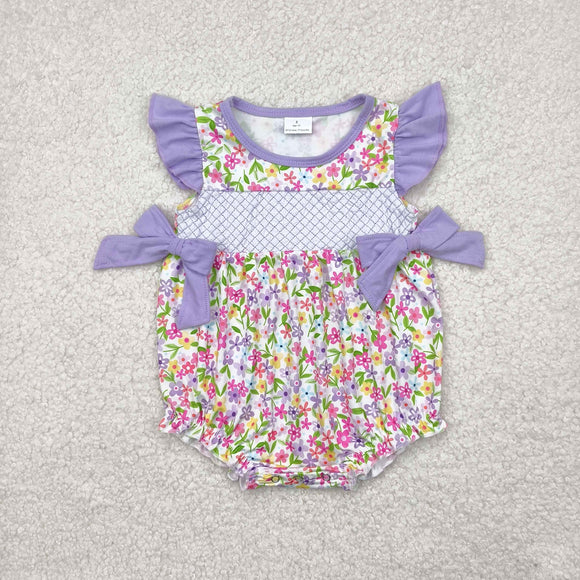 Floral Purple Bows Ruffles Girls Summer Romper