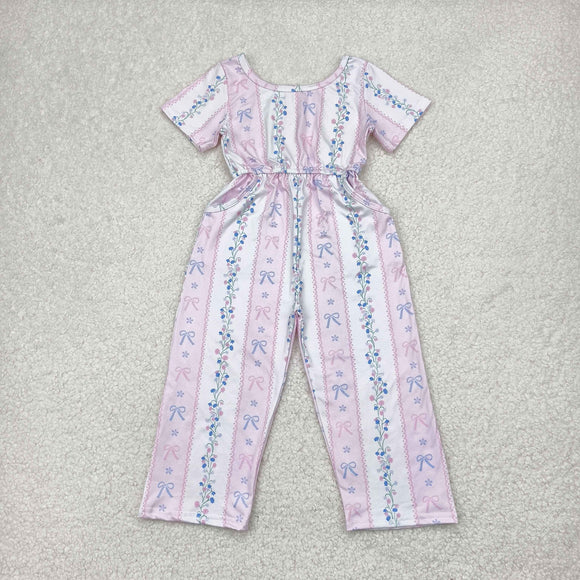 Floral Bow Pattern Pink Girls Jumpsuit