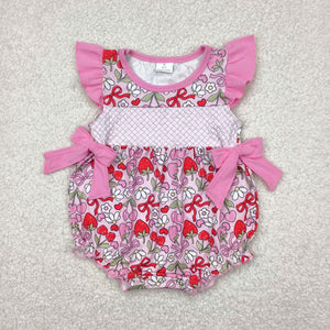 Strawberry Floral Pink Bows Ruffles Girls Summer Romper