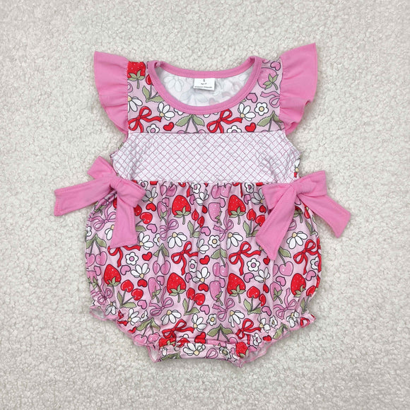 Strawberry Floral Pink Bows Ruffles Girls Summer Romper