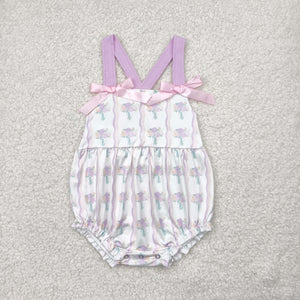 Floral Pink Purple Stripe White Girls Summer Romper