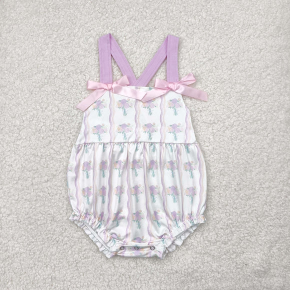 Floral Pink Purple Stripe White Girls Summer Romper