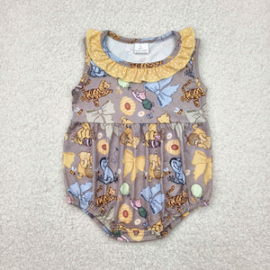Cartoon Pig Bear Bow Pattern Girls Summer Romper
