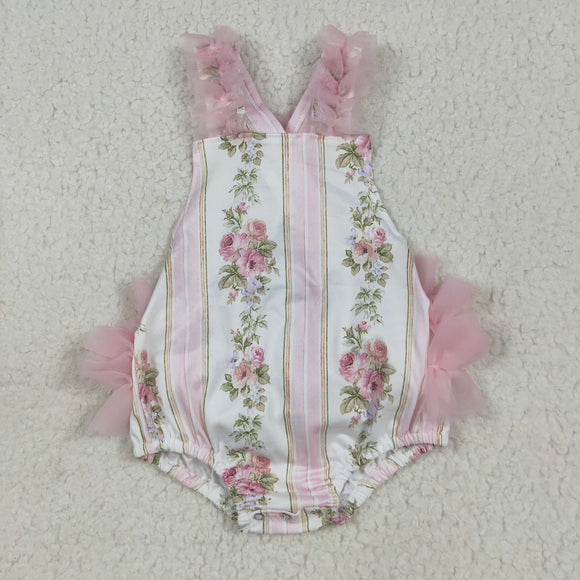 Floral Stripe Pink Gauze Girls Summer Romper