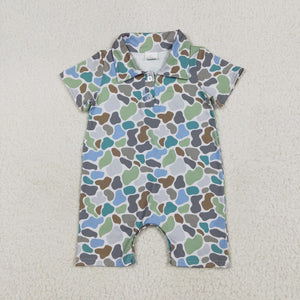 Buttons Green Brown Gray Camo Boys Summer Romper