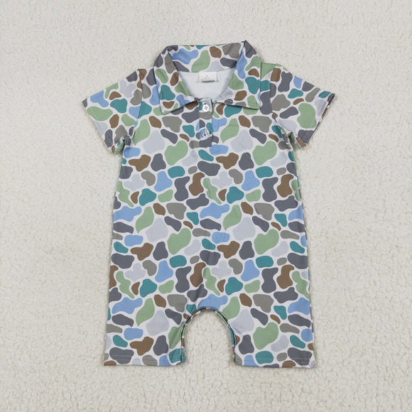 Buttons Green Brown Gray Camo Boys Summer Romper