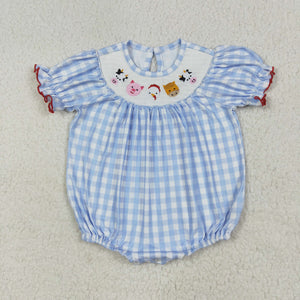 Farm Animals Smocked Blue Plaid Girls Summer Romper