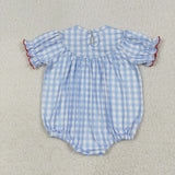 Farm Animals Smocked Blue Plaid Girls Summer Romper