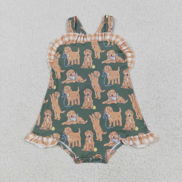 Dog Orange Plaid Ruffles Green Girls Summer Romper