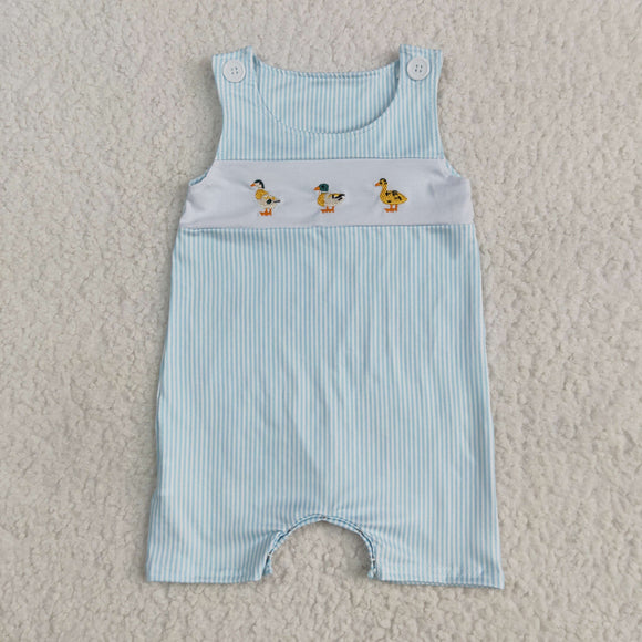 Duck Embroidery Blue Stripe Boys Summer Romper