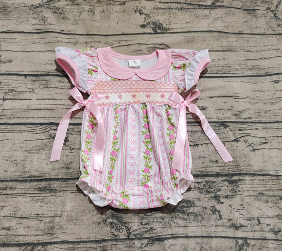 Pre-sale Floral Bow Pattern Pink Girls Summer Romper