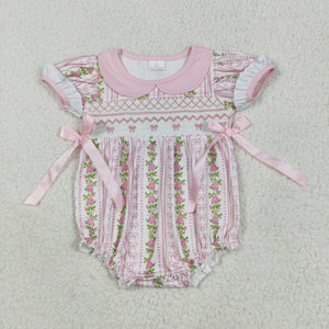 Floral Bow Stripe Embroidery Girls Summer Romper