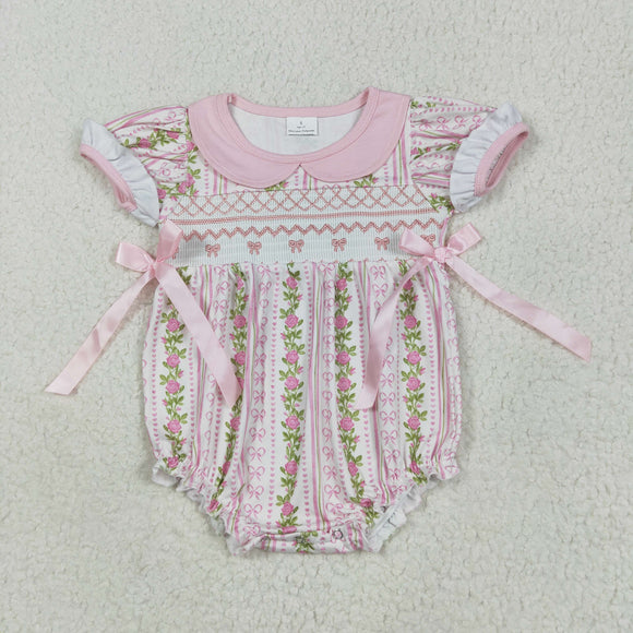 Floral Bow Stripe Embroidery Girls Summer Romper