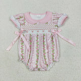 Floral Bow Stripe Embroidery Girls Summer Romper