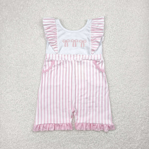 Bow Embroidery Pink Stripe Girls Jumpsuit