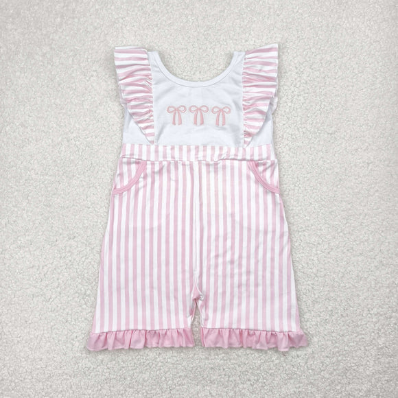 Bow Embroidery Pink Stripe Girls Jumpsuit