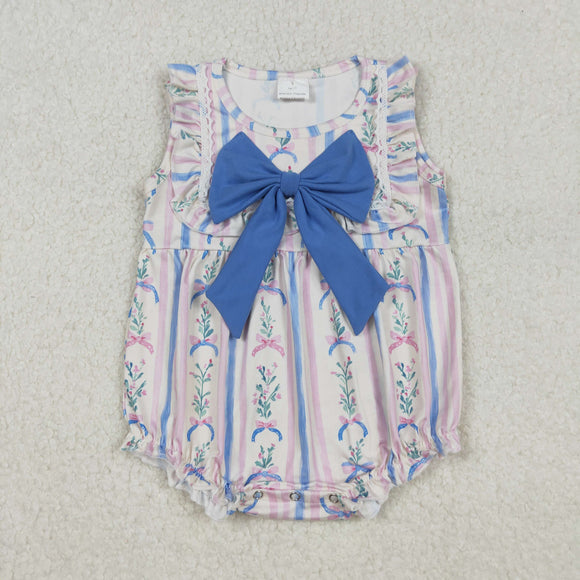 Floral Blue Bow Pattern Girls Summer Romper