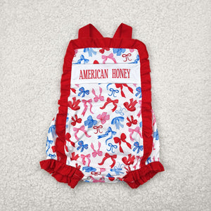 American Honey Bow Pattern Red Ruffles Girls 4th of July Romper