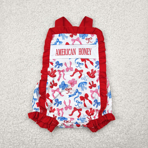 American Honey Bow Pattern Red Ruffles Girls 4th of July Romper