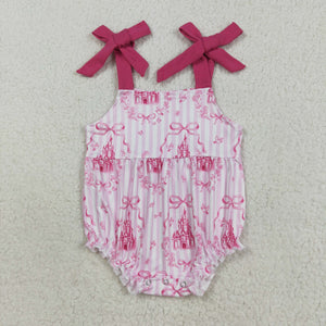 Castle Bow Pattern Pink Stripe Girls Summer Romper