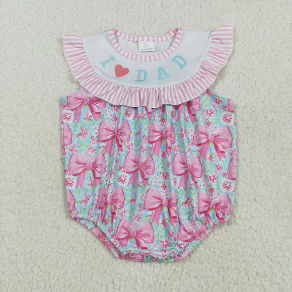 I Love Dad Pink Stripe Ruffles Bow Pattern Girls Summer Romper