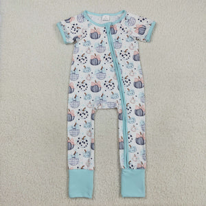 Bow Pattern Pumpkin Blue Girls Summer Romper