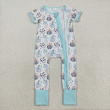 Bow Pattern Pumpkin Blue Girls Summer Romper