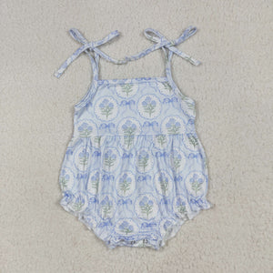 Floral Bow Pattern Blue Girls Summer Romper