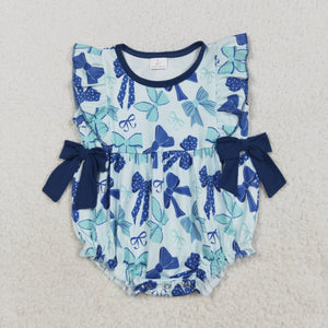 Bow Pattern Navy Green Girls Summer Romper