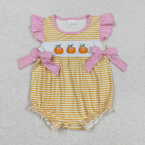 Pumpkin Embroidery Pink Bows Girls Summer Romper