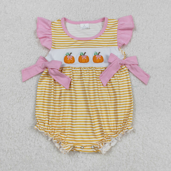 Pumpkin Embroidery Pink Bows Girls Summer Romper