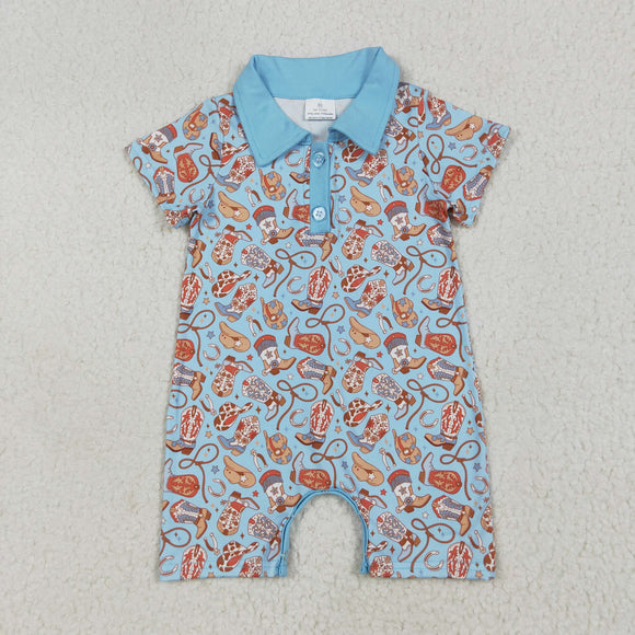 Buttons Boots Blue Boys Summer Romper