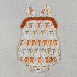 Orange Green Bow Pattern Girls Halloween Romper