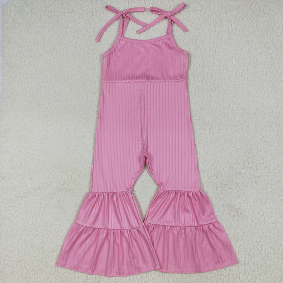 Solid Pink Textured Girls Jumpsuit