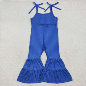 Solid Blue Textured Girls Jumpsuit