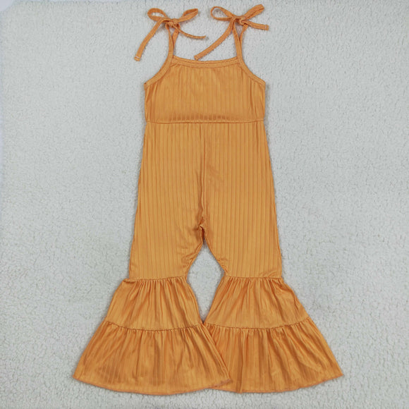 Solid Orange Textured Girls Jumpsuit