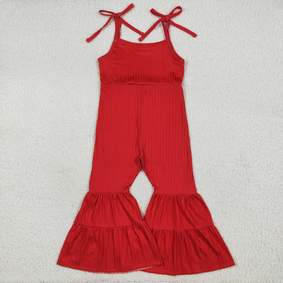 Solid Red Textured Girls Jumpsuit