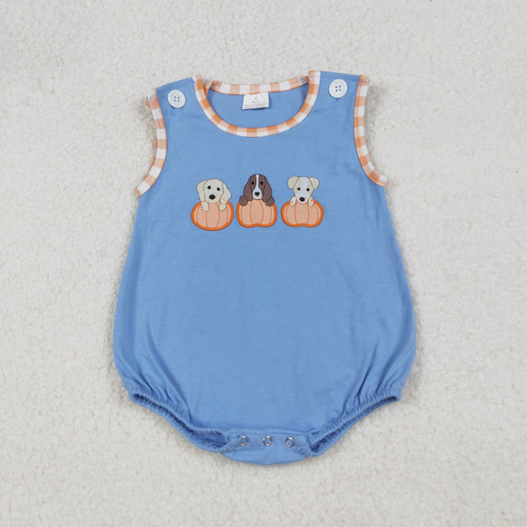 Pumpkin Dogs Orange Plaid Blue Boys Summer Romper