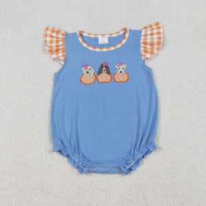 Pumpkin Dogs Orange Plaid Blue Girls Summer Romper