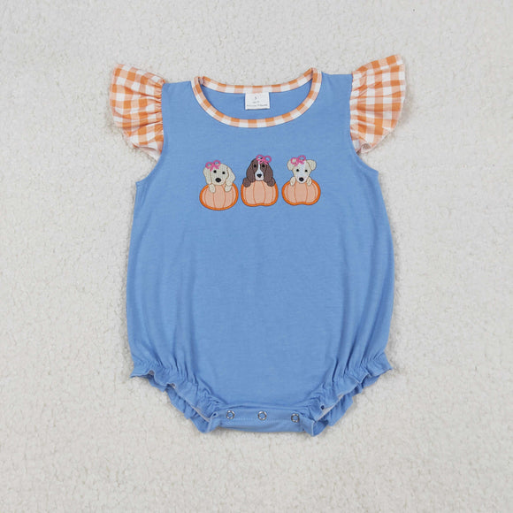 Pumpkin Dogs Orange Plaid Blue Girls Summer Romper