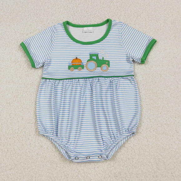 Pumpkin Tractor Blue Stripe Green Boys Summer Romper