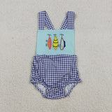 Fishing Navy Plaid Blue Boys Summer Romper