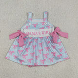 Mama's Girl Hot Pink Bow Pattern Sky Blue Girls Summer Romper
